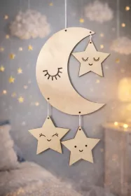 Dřevěný Měsíc a hvězdy na pověšení
