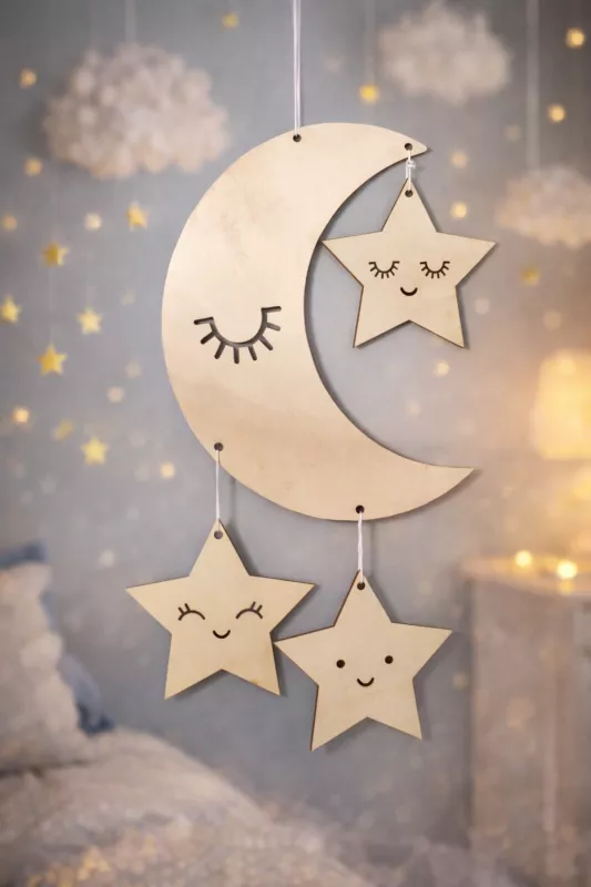 Dřevěný Měsíc a hvězdy na pověšení