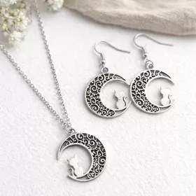 Set řetízek a náušnice s měsícem a kočkou