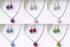  Set řetízku a náušnic - shamballa kuličky | Stříbrná, Růžová, Červená, Modrá, Fuchsiová, Zelená