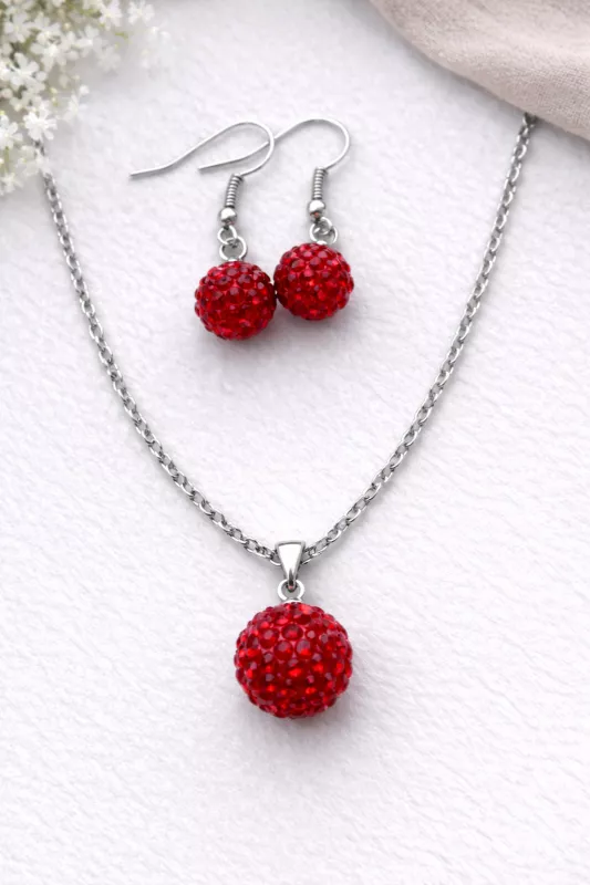 Set řetízku a náušnic - shamballa kuličky - Červená