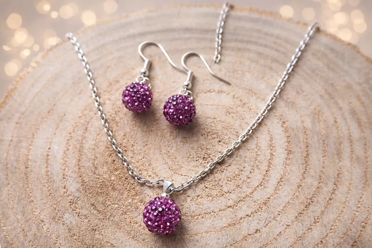 Set řetízku a náušnic - shamballa kuličky - Fuchsiová