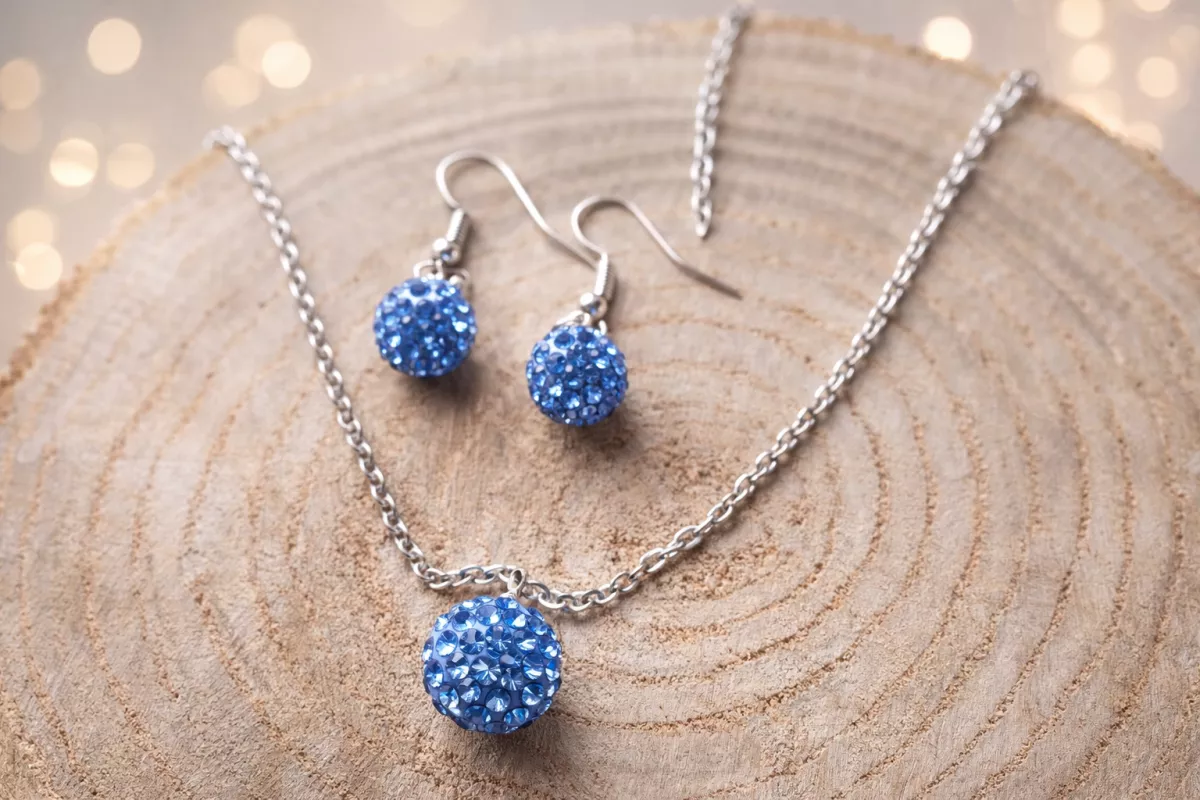 Set řetízku a náušnic - shamballa kuličky - Modrá