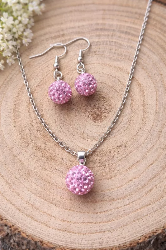 Set řetízku a náušnic - shamballa kuličky - Růžová