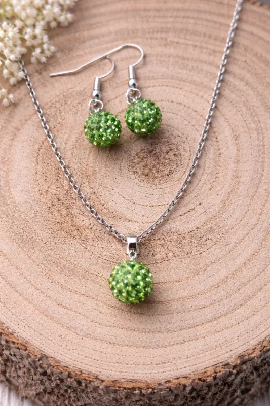 Set řetízku a náušnic - shamballa kuličky - Zelená